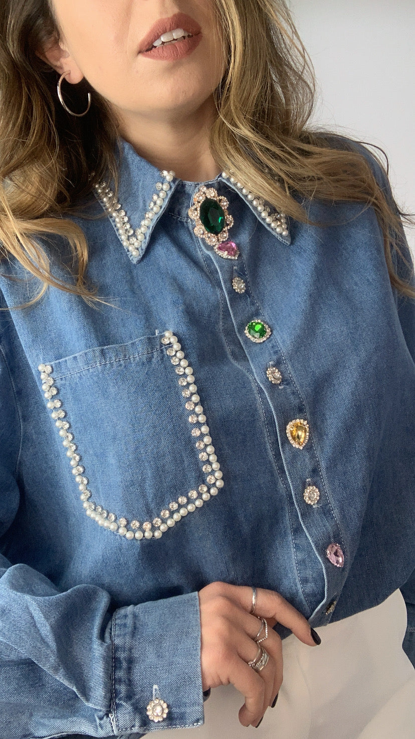 Camicia jeans bottoni gioiello