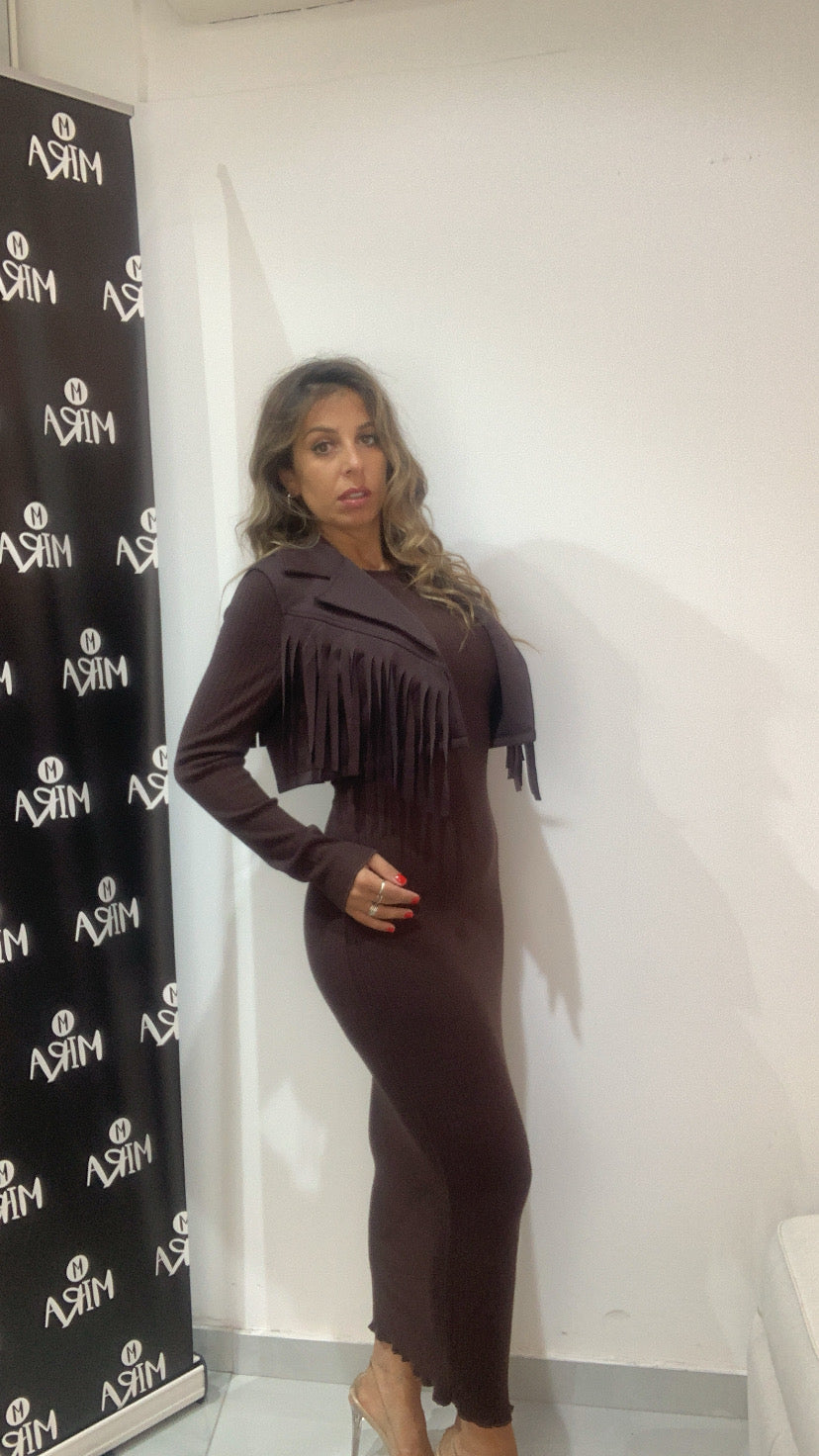 Abito Lungo a Costine con Gilet Crop Frange