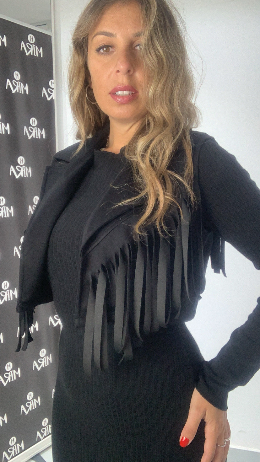 Abito Lungo a Costine con Gilet Crop Frange