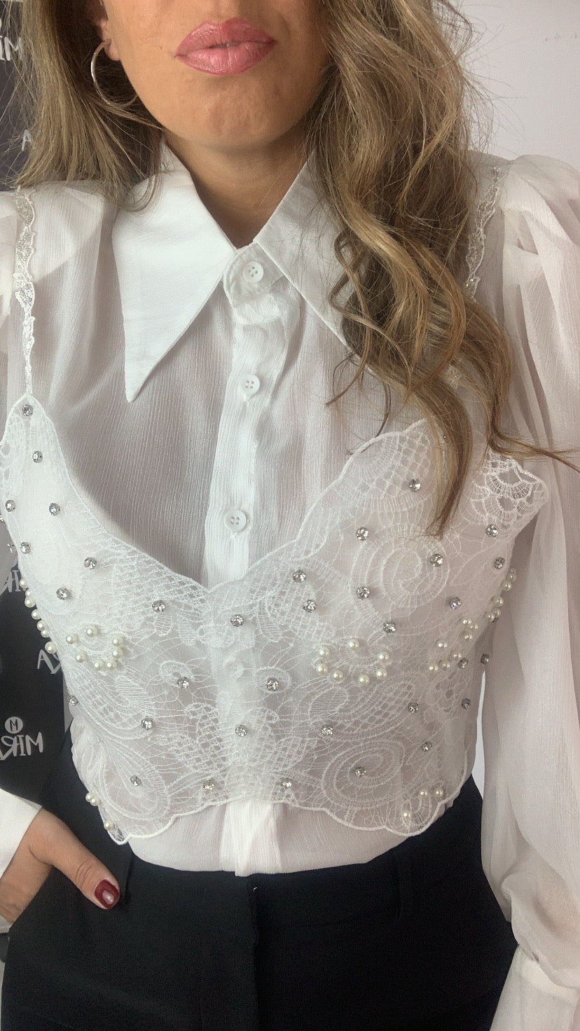 Camicia con top in pizzo e strass