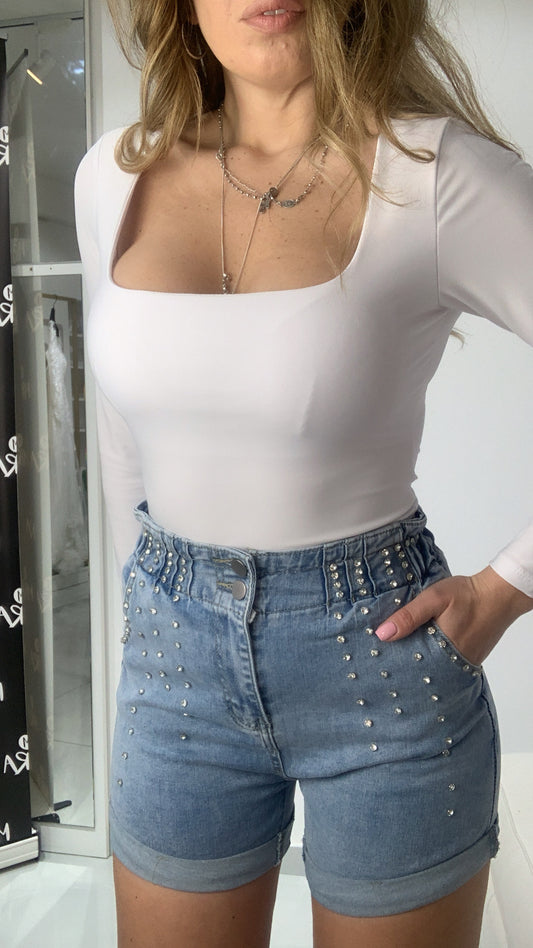 Short jeans con strass