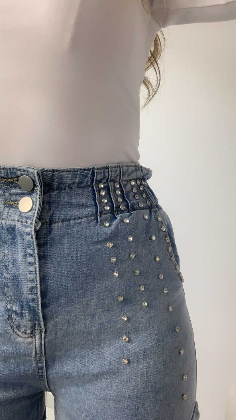 Short jeans con strass