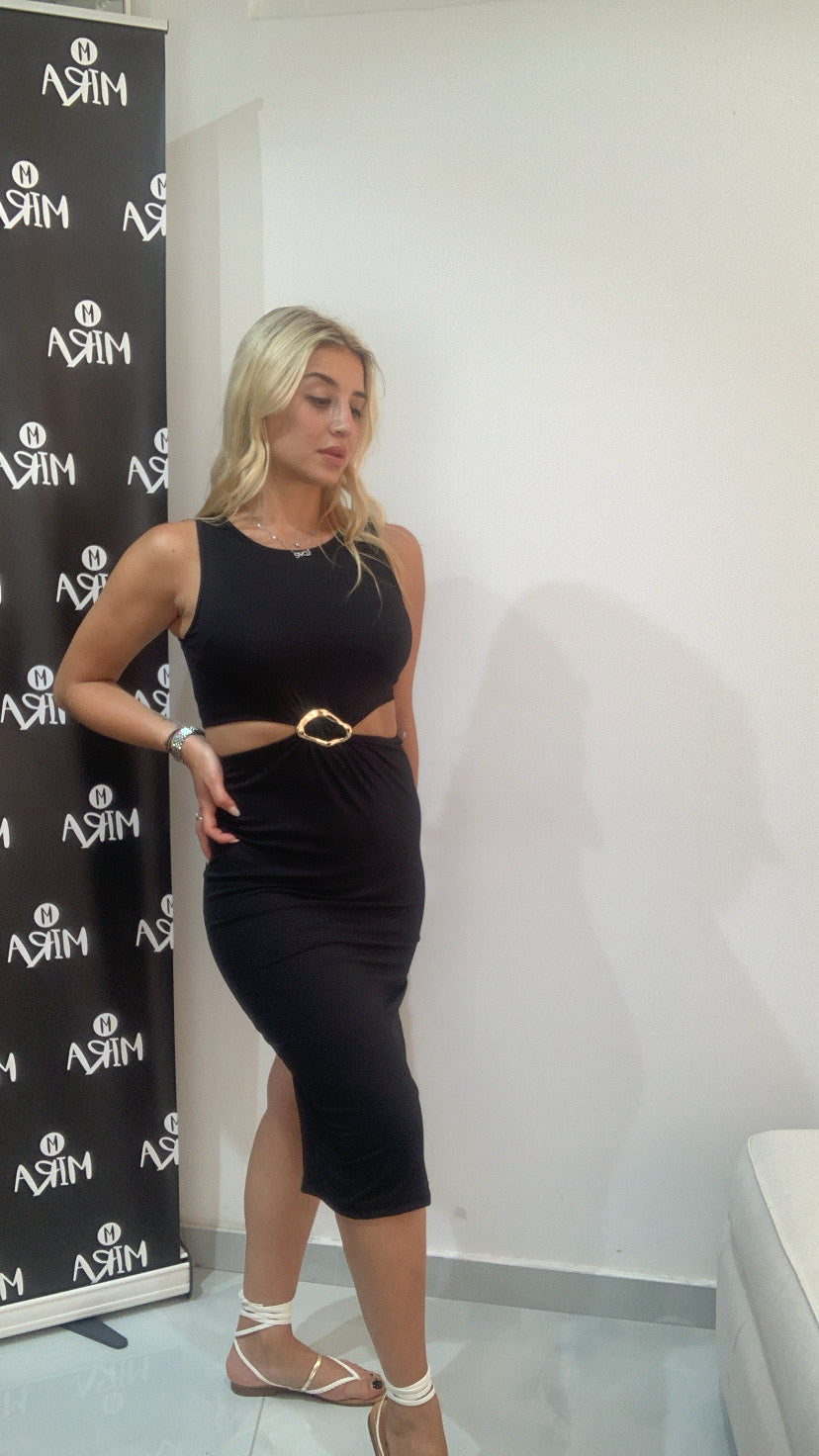 Abito a costine con accessorio dorato