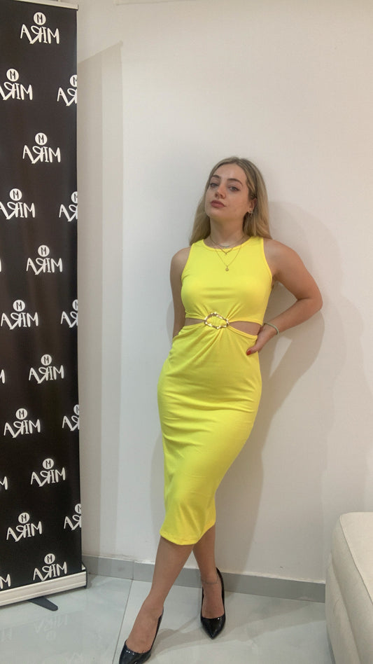 Abito a costine con accessorio dorato