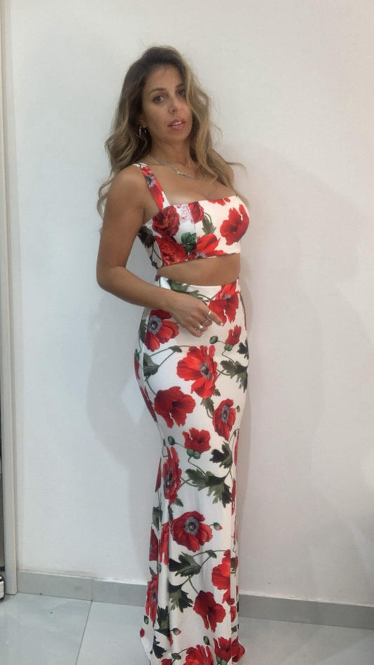 Coordinato top e gonna a vita alta fantasia floreale