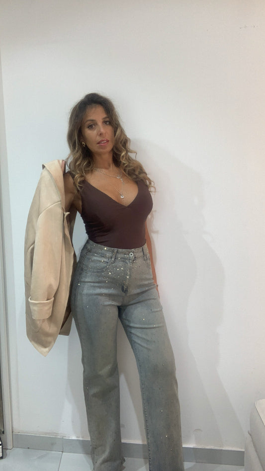 Jeans a Palazzo Sabbia con Strass