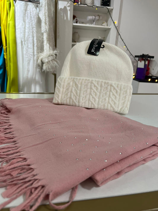 Combo: Basco Panna/cappello di lana bianco e sciarpa strass rosa