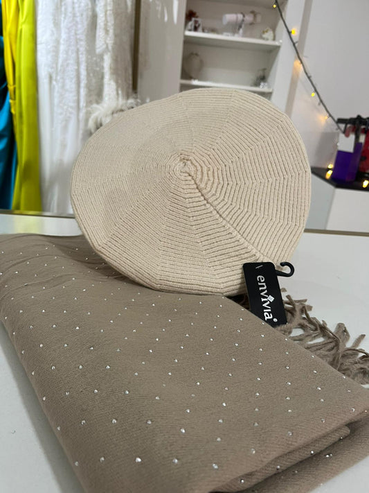 Combo: Basco Panna/Basco Viola e sciarpa strass beige