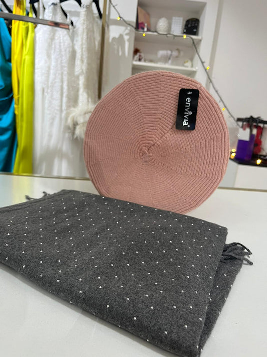 Combo: Basco Rosa e sciarpa strass grigia