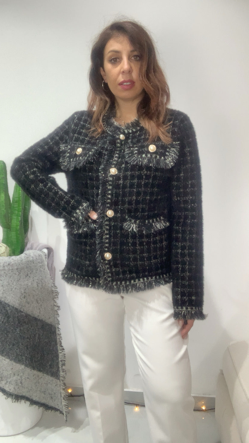 Cardigan in lurex con bottoni in perla