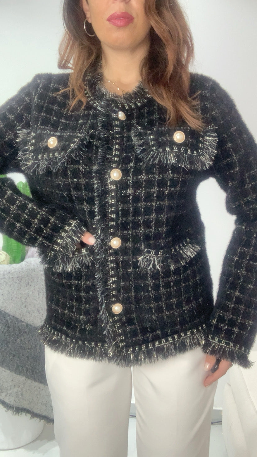 Cardigan in lurex con bottoni in perla