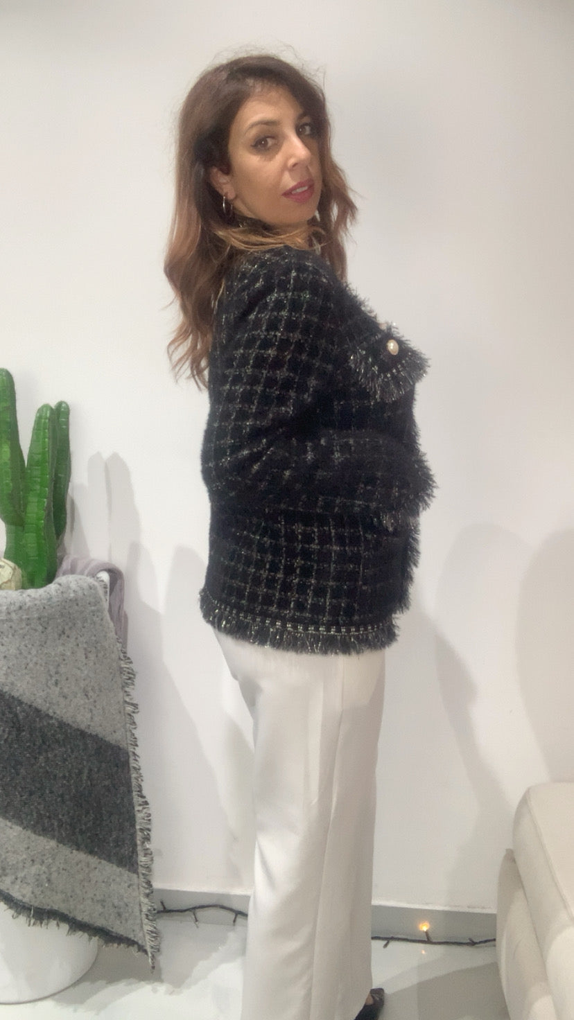 Cardigan in lurex con bottoni in perla