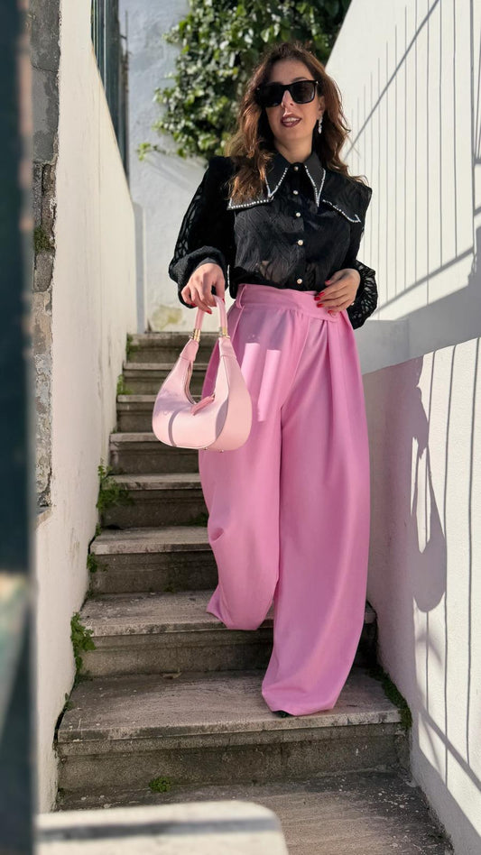 Pantalone asimmetrico rosa fluio